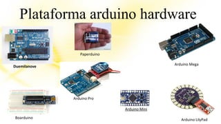 Plataforma arduino hardware 
Boarduino 
Paperduino 
Duemilanove Arduino Mega 
Arduino LilyPad 
Arduino Pro 
Arduino Mini 
 