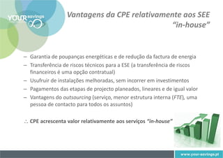 Vantagens da CPE relativamente aos SEE
                                            “in-house”


– Garantia de poupanças energéticas e de redução da factura de energia
– Transferência de riscos técnicos para a ESE (a transferência de riscos
  financeiros é uma opção contratual)
– Usufruir de instalações melhoradas, sem incorrer em investimentos
– Pagamentos das etapas de projecto planeados, lineares e de igual valor
– Vantagens do outsourcing (serviço, menor estrutura interna (FTE), uma
  pessoa de contacto para todos os assuntos)

 CPE acrescenta valor relativamente aos serviços “in-house”
 