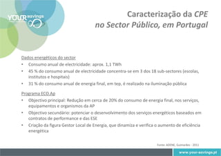 Caracterização da CPE
                                     no Sector Público, em Portugal


Dados energéticos do sector
• Consumo anual de electricidade: aprox. 1,1 TWh
• 45 % do consumo anual de electricidade concentra-se em 3 dos 18 sub-sectores (escolas,
   institutos e hospitais)
• 31 % do consumo anual de energia final, em tep, é realizado na iluminação pública

Programa ECO.Ap
• Objectivo principal: Redução em cerca de 20% do consumo de energia final, nos serviços,
   equipamentos e organismos da AP
• Objectivo secundário: potenciar o desenvolvimento dos serviços energéticos baseados em
   contratos de performance e das ESE
• Criação da figura Gestor Local de Energia, que dinamiza e verifica o aumento de eficiência
   energética

                                                                     Fonte: ADENE, Guimarães - 2011
 