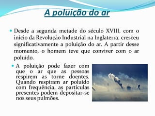 As crianças que crescem na área mais poluída têm uma probabilidade cinco vezes maior  de ter pulmões com funcionamento prejudicado. As crianças expostas desde o nascimento ao ar poluído podem vir a sofrer de doenças respiratórias como bronquite e rinite.Para o ambiente, os prejuízos são a chuva ácida, cidades poluídas e gases tóxicos.Nos dias de hoje, quase todas as grandes cidades mundiais sofrem com os efeitos da poluição do ar.