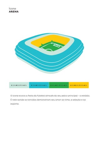 Ícone
ARENA
C 20% M0% Y15% K0% C 70% M0% Y20% K0% C 80% M0% Y100% K0% C 0% M20% Y100% K0%
O ícone evoca a festa do futebol através do seu palco principal - o estádio.
É nele aonde as torcidas demonstram seu amor ao time, a seleção e ao
esporte.
 