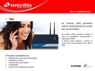 • Voz
• Solução VOIP;
• Redução de custos;
As Centrais VOIP permitem
reduzir drasticamente os custos
das comunicações.
As centrais VOIP permitem integrar a
rede de operadores convencionais e
Operadores VOIP.
A Arentia pode ajudá-lo a reduzir os
custos com comunicações entre 30% e
80%.
Principais competências:
• Redução dos custos de comunicações;
• Extensões remotas;
• Controlo de comunicações;
• Flexibilidade;
• Aumento da satisfação do cliente.
 