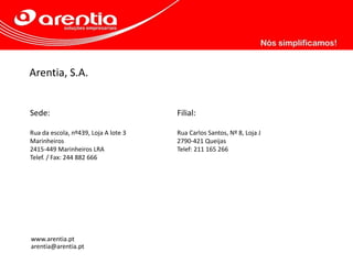Arentia, S.A.
www.arentia.pt
arentia@arentia.pt
Sede:
Rua da escola, nº439, Loja A lote 3
Marinheiros
2415-449 Marinheiros LRA
Telef. / Fax: 244 882 666
Filial:
Rua Carlos Santos, Nº 8, Loja J
2790-421 Queijas
Telef: 211 165 266
 