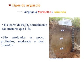 Argissolo Vermelho - Amarelo
Fonte: SiBCS – Embrapa, 2006.
Tipos de argissolo
• Os teores de Fe2O3 normalmente
são menores que 11%.
• São profundos a pouco
profundos, moderado a bem
drenados.
 