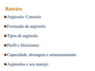 Roteiro
Argissolo: Conceito
Formação do argissolo
Tipos de argissolo
Perfil e Horizontes
Capacidade, drenagem e armazenamento
Argissolos e seu manejo
 