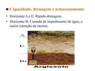 • Horizonte A e E: Rápida drenagem.
• Horizonte B: Camada de impedimento da água, e
maior retenção da mesma.
Capacidade, drenagem e armazenamento
 
