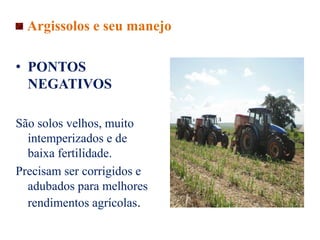 • PONTOS
NEGATIVOS
São solos velhos, muito
intemperizados e de
baixa fertilidade.
Precisam ser corrigidos e
adubados para melhores
rendimentos agrícolas.
Argissolos e seu manejo
 