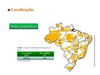 Localização
Solos podzólicos
Fonte:http://www.dcs.ufla.br/Cerrados/Portugues/CArgissolo.htm
Área absoluta
(Km2)
Área relativa
(%)
2.28589,16 26,84
Tabela 1. Extensão e distribuição do Argissolo no
Brasil.
Fonte: Embrapa (2006)
 