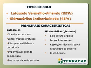 Latossolo Vermelho-Amarelo (55%) Latossolos Grandes espessuras Lençol freático profundo Altas permeabilidade e porosidade Impermeável quando compactado Boa capacidade de suporte TIPOS DE SOLO Hidromórfico Indiscriminado (45%) Hidromórfico (gleissolo ) Solo escuro argiloso Lençol freático raso Restrições técnicas: baixa capacidade de suporte Insalubridade PRINCIPAIS CARACTERÍSTICAS 