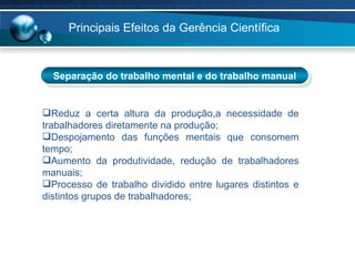 Principais Efeitos da Gerência Científica  Separação do trabalho mental e do trabalho manual Proporcionar ao aluno o conhecimento da demonstra ç ão do valor adicionado para  evidenciar nas empresas, al é m do lucro dos investidores, a quem pertence o restante da riqueza criada pela empresa.  Proporcionar ao aluno o conhecimento da demonstra ç ão do valor adicionado para  evidenciar nas empresas, al é m do lucro dos investidores, a quem pertence o restante da riqueza criada pela empresa.  Reduz a certa altura da produção,a necessidade de trabalhadores diretamente na produção; Despojamento das funções mentais que consomem tempo; Aumento da produtividade, redução de trabalhadores manuais; Processo de trabalho dividido entre lugares distintos e distintos grupos de trabalhadores; 