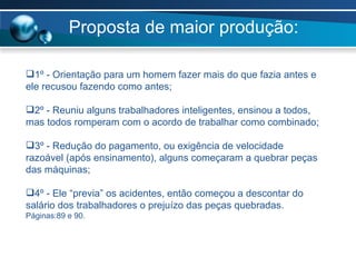 Proposta de maior produção: 1º - Orientação para um homem fazer mais do que fazia antes e ele recusou fazendo como antes; 2º - Reuniu alguns trabalhadores inteligentes, ensinou a todos, mas todos romperam com o acordo de trabalhar como combinado; 3º - Redução do pagamento, ou exigência de velocidade razoável (após ensinamento), alguns começaram a quebrar peças das máquinas; 4º - Ele “previa” os acidentes, então começou a descontar do salário dos trabalhadores o prejuízo das peças quebradas. Páginas:89 e 90. 