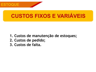 PÚBLICOSESTOQUE
CUSTOS FIXOS E VARIÁVEIS
1. Custos de manutenção de estoques;
2. Custos de pedido;
3. Custos de falta.
 