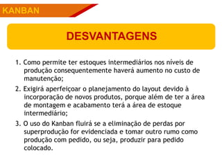 PÚBLICOSKANBAN
DESVANTAGENS
1. Como permite ter estoques intermediários nos níveis de
produção consequentemente haverá aumento no custo de
manutenção;
2. Exigirá aperfeiçoar o planejamento do layout devido à
incorporação de novos produtos, porque além de ter a área
de montagem e acabamento terá a área de estoque
intermediário;
3. O uso do Kanban fluirá se a eliminação de perdas por
superprodução for evidenciada e tomar outro rumo como
produção com pedido, ou seja, produzir para pedido
colocado.
 