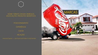 MARCASNOME TERMOS DESIGN SÍMBOLOS
ASSOCIAÇÕES PRODUTOS BENEFÍCIOS
POSICIONAMENTO
EXPERIÊNCIA
CAUSA
RELAÇÃO
American Express -> card issuer/card holder X club/member.
 