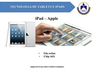 TECNOLOGIA DE TABLETS E IPADS
ARQUITETURA DOS COMPUTADORES
iPad – Apple
• Tela retina
• Chip A6X
 