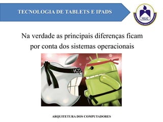 Na verdade as principais diferenças ficam
por conta dos sistemas operacionais
TECNOLOGIA DE TABLETS E IPADS
ARQUITETURA DOS COMPUTADORES
 