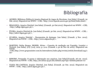54



                                                                      Bibliografia
•   AÇORES, Biblioteca Pública & Arquivo Regional de Angra do Heroísmo. [em linha]. [Consult. 30
    Out. 2012]. Disponível em WWW : <URL : http://www.bparah.azores.gov.pt/html/index.html>.

•   BRAGANÇA, Arquivo Distrital. [em linha]. [Consult. 30 Out.2012]. Disponível em WWW : <URL
    : http://adbgc.dgarq.gov.pt/>.

•   ÉVORA, Arquivo Distrital de. [em linha]. [Consult. 30 Out. 2012]. Disponível em WWW : <URL :
    http://adevr.dgarq.gov.pt/>.

•   GUARDA, Arquivo Distrital – Documentos de destaque. [em linha]. [Consult. 3 Nov. 2012].
    Disponível em WWW : <URL : http://www.adguarda.pt/>.


•   MARTINS, Onilza Borges; MOSER, Alvino - Conceito de mediação em Vygotsky, Leontiev e
    Wertsch. [em linha]. [s.l]: [s.n], 2012, p. 9-10. [Consult. a 30 de Nov de 2012]. Disponível em
    WWW:
    <URL.http://www.grupouninter.com.br/intersaberes/index.php/revista/article/download/245/1
    54>


•   RIBEIRO, Fernanda- O acesso à informação nos arquivos. [em linha].[Consult. 28 out. 2012].
    Disponível em WWW: <URL: http://ler.letras.up.pt/site/default.aspx?qry=id06id131&sum=si>

•   VIANA DO CASTELO, Arquivo Distrital. [em linha]. [Consult. 30 Out. 2012]. Disponível em
    WWW : <URL : http://advct.dgarq.gov.pt/>.
 