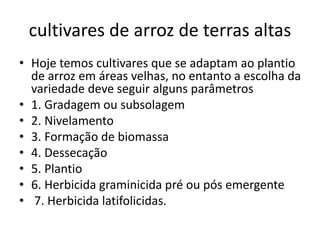 cultivares de arroz de terras altas
• Hoje temos cultivares que se adaptam ao plantio
de arroz em áreas velhas, no entanto a escolha da
variedade deve seguir alguns parâmetros
• 1. Gradagem ou subsolagem
• 2. Nivelamento
• 3. Formação de biomassa
• 4. Dessecação
• 5. Plantio
• 6. Herbicida graminicida pré ou pós emergente
• 7. Herbicida latifolicidas.
 