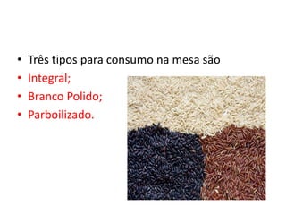 • Três tipos para consumo na mesa são
• Integral;
• Branco Polido;
• Parboilizado.
 