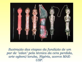 Ilustração das etapas da fundição de um par de "edan" pela técnica da cera perdida, arte ogboni/ioruba, Nigéria, acervo MAE-USP.  