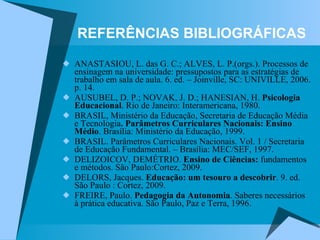 REFERÊNCIAS BIBLIOGRÁFICAS ANASTASIOU, L. das G. C.; ALVES, L. P.(orgs.). Processos de ensinagem na universidade: pressupostos para as estratégias de trabalho em sala de aula.  6. ed. – Joinville, SC: UNIVILLE, 2006. p. 14. AUSUBEL, D. P.; NOVAK, J. D.; HANESIAN, H.  Psicologia Educacional . Rio de Janeiro: Interamericana, 1980. BRASIL, Ministério da Educação, Secretaria de Educação Média e Tecnologia . Parâmetros Curriculares Nacionais: Ensino Médio . Brasília: Ministério da Educação, 1999. BRASIL. Parâmetros Curriculares Nacionais. Vol. 1 / Secretaria de Educação Fundamental. – Brasília: MEC/SEF, 1997. DELIZOICOV, DEMÉTRIO.  Ensino de Ciências:  fundamentos e métodos. São Paulo:Cortez, 2009. DELORS, Jacques.  Educação: um tesouro a descobrir . 9. ed. São Paulo : Cortez, 2009.  FREIRE, Paulo.  Pedagogia da Autonomia . Saberes necessários à prática educativa. São Paulo, Paz e Terra, 1996. 