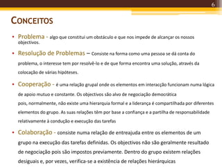 6
CONCEITOS
• Problema - algo que constitui um obstáculo e que nos impede de alcançar os nossos
objectivos.
• Resolução de Problemas – Consiste na forma como uma pessoa se dá conta do
problema, o interesse tem por resolvê-lo e de que forma encontra uma solução, através da
colocação de várias hipóteses.
• Cooperação - é uma relação grupal onde os elementos em interacção funcionam numa lógica
de apoio mutuo e constante. Os objectivos são alvo de negociação democrática
pois, normalmente, não existe uma hierarquia formal e a liderança é compartilhada por diferentes
elementos do grupo. As suas relações têm por base a confiança e a partilha de responsabilidade
relativamente à condução e execução das tarefas
• Colaboração - consiste numa relação de entreajuda entre os elementos de um
grupo na execução das tarefas definidas. Os objectivos não são geralmente resultado
de negociação pois são impostos previamente. Dentro do grupo existem relações
desiguais e, por vezes, verifica-se a existência de relações hierárquicas
 