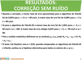 Quanto a correção, a menor taxa de erro apresentada para o algoritmo de Viterbi
foi de 0,85% para γ = 3 e v = 60 cm/s. A maior taxa de erro foi de 4,08% para γ = 5 e
v = 90 cm/s.
Já para o algoritmo de Viterbi-JD a menor taxa de erro foi de 1,46% para γ = 3, v =
60 cm/s e w = 180. A maior taxa de erro atingiu 4,65% para γ = 5, v = 90 cm/s e w =
90;
Para a análise estatística definiram-se as variáveis μv e μd onde H0 ≡ μv – μd = 0 e H1
= μd > μv ;
O teste t de Student, com α = 0,05, quando comparados os algoritmos de Viterbi-JD
e Viterbi, aceitou-se a hipótese alternativa para todos os valores de v, w e γ.
15
RESULTADOS:
CORREÇÃO SEM RUÍDO
 