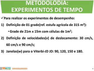 Para realizar os experimentos de desempenho:
1) Definição de 01 grade(ref. estufa agrícola de 315 m2):
•Grade de 21m x 15m com células de 1m2;
2) Definição de velocidades(v) de deslocamento: 30 cm/s,
60 cm/s e 90 cm/s;
3) Janelas(w) para o Viterbi-JD JD: 90, 120, 150 e 180.
9
METODOLODIA:
EXPERIMENTOS DE TEMPO
 