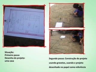 Situação:
Primeiro passo
Desenho do projeto:   Segundo passo: Construção do projeto
uma casa
                      usando gravetos, usando o projeto
                      desenhado no papel como referência
 