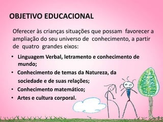 OBJETIVO EDUCACIONAL
Oferecer às crianças situações que possam favorecer a
ampliação do seu universo de conhecimento, a partir
de quatro grandes eixos:
• Linguagem Verbal, letramento e conhecimento de
  mundo;
• Conhecimento de temas da Natureza, da
  sociedade e de suas relações;
• Conhecimento matemático;
• Artes e cultura corporal.
 