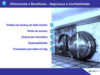 Diferenciais e Benefícios – Segurança e Confiabilidade Política de backup do Data Center; Perfis de acesso; Acesso por bio...