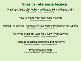 Sites de referência técnica
   Mashup (Aplicação Web) – Wikipedia PT / Wikipedia EN
                      (Conceitos sobre mashup e suas aplicações)



             How to make your own web mashup
                           (Desenvolvimento de um mashup)



Mashup: O que são? Conheça os seus tipos e tecnologias de suporte
                      (Conceitos sobre mashup e suas aplicações)



        Marrying Maps to Data for a New Web Service
                  (Conceitos e notícias sobre mashup e suas aplicações)



           Mashup business scenarios and patterns
                  (Conceitos e notícias sobre mashup e suas aplicações)



                          ProgrammableWeb
                  (Conceitos e notícias sobre mashup e suas aplicações)
 
