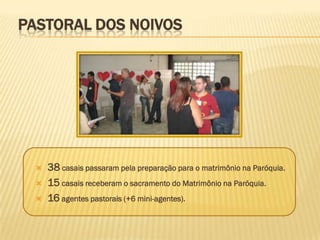 PASTORAL DOS NOIVOS




     38 casais passaram pela preparação para o matrimônio na Paróquia.
     15 casais receberam o sacramento do Matrimônio na Paróquia.
     16 agentes pastorais (+6 mini-agentes).
 