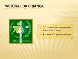 PASTORAL DA CRIANÇA




                    65 crianças são visitadas pela
                     Pastoral da Criança.
                    7 líderes e 5 agentes de apoio.
 