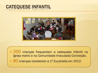 CATEQUESE INFANTIL




    200    crianças frequentam a catequese infantil na
     Igreja matriz e na Comunidade Imaculada Conceição.
    80 crianças receberam a 1ª Eucaristia em 2012.
 