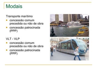 Modais Transporte marítimo concessão comum precedida ou não de obra concessão patrocinada (PPP) VLT - VLP concessão comum precedida ou não de obra concessão patrocinada (PPP)  