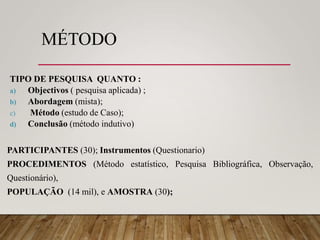 MÉTODO
TIPO DE PESQUISA QUANTO :
a) Objectivos ( pesquisa aplicada) ;
b) Abordagem (mista);
c) Método (estudo de Caso);
d) Conclusão (método indutivo)
PARTICIPANTES (30); Instrumentos (Questionario)
PROCEDIMENTOS (Método estatístico, Pesquisa Bibliográfica, Observação,
Questionário),
POPULAÇÃO (14 mil), e AMOSTRA (30);
 