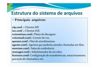 Estrutura do sistema de arquivos
  Principais arquivos:

sip.conf .: Clientes SIP.
iax.conf .: Clientes IAX.
extensions.conf.: Plano de discagem.
voicemail.conf.: Correio de voz.
queues.conf.: Filas de atendimentos.
agents.conf.: Agentes que poderão atender chamadas em filas.
meetme.conf.: Salas de conferência.
manager.conf.: Administrador do servidor.
features.conf: Configuração de transferências, estacionamento,
gravação de chamadas e etc.
 