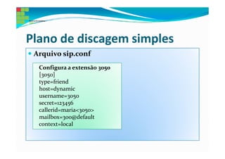 Plano de discagem simples
 Arquivo sip.conf
  Configura a extensão 3050
  [3050]
  type=friend
  host=dynamic
  username=3050
  secret=123456
  callerid=maria<3050>
  mailbox=300@default
  context=local
 