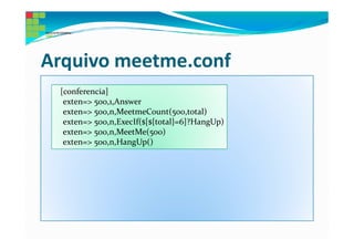 Arquivo meetme.conf
 [conferencia]
  exten=> 500,1,Answer
  exten=> 500,n,MeetmeCount(500,total)
  exten=> 500,n,ExecIf($[${total}=6]?HangUp)
  exten=> 500,n,MeetMe(500)
  exten=> 500,n,HangUp()
 