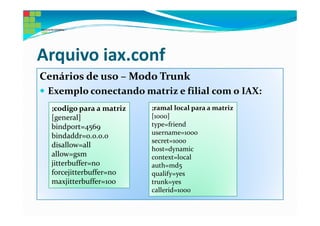 Arquivo iax.conf
Cenários de uso – Modo Trunk
 Exemplo conectando matriz e filial com o IAX:
  ;codigo para a matriz   ;ramal local para a matriz
  [general]               [1000]
  bindport=4569           type=friend
                          username=1000
  bindaddr=0.0.0.0
                          secret=1000
  disallow=all
                          host=dynamic
  allow=gsm               context=local
  jitterbuffer=no         auth=md5
  forcejitterbuffer=no    qualify=yes
  maxjitterbuffer=100     trunk=yes
                          callerid=1000
 