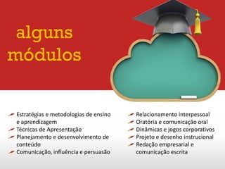 Estratégias e metodologias de ensino
e aprendizagem
Técnicas de Apresentação
Planejamento e desenvolvimento de
conteúdo
Comunicação, influência e persuasão
Relacionamento interpessoal
Oratória e comunicação oral
Dinâmicas e jogos corporativos
Projeto e desenho instrucional
Redação empresarial e
comunicação escrita
alguns
módulos
 
