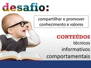 compartilhar e promover
conhecimento e valores
CONTEÚDOS
técnicos
informativos
comportamentais
 