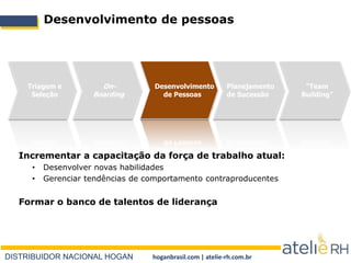 DISTRIBUIDOR NACIONAL HOGAN hoganbrasil.com | atelie-rh.com.br
Desenvolvimento de pessoas
On-
Boarding
Desenvolvimento
de Pessoas
Planejamento
de Sucessão
“Team
Building”
Triagem e
Seleção
Incrementar a capacitação da força de trabalho atual:
• Desenvolver novas habilidades
• Gerenciar tendências de comportamento contraproducentes
Formar o banco de talentos de liderança
 