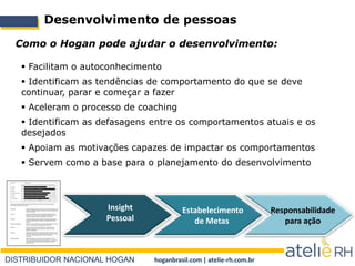 DISTRIBUIDOR NACIONAL HOGAN hoganbrasil.com | atelie-rh.com.br
Desenvolvimento de pessoas
Como o Hogan pode ajudar o desenvolvimento:
 Facilitam o autoconhecimento
 Identificam as tendências de comportamento do que se deve
continuar, parar e começar a fazer
 Aceleram o processo de coaching
 Identificam as defasagens entre os comportamentos atuais e os
desejados
 Apoiam as motivações capazes de impactar os comportamentos
 Servem como a base para o planejamento do desenvolvimento
Insight
Pessoal
Estabelecimento
de Metas
Responsabilidade
para ação
 