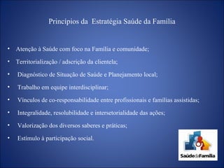 Princípios da  Estratégia Saúde da Família Atenção à Saúde com foco na Família e comunidade; Territorialização / adscrição da clientela; Diagnóstico de Situação de Saúde e Planejamento local; Trabalho em equipe interdisciplinar; Vínculos de co-responsabilidade entre profissionais e famílias assistidas; Integralidade, resolubilidade e intersetorialidade das ações; Valorização dos diversos saberes e práticas; Estímulo à participação social. 