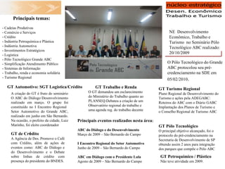 NE  Desenvolvimento Econômico, Trabalho e Turismo  no Seminário Pólo Tecnológico ABC realizado: 20/10/2009 Principais temas: - Cadeias Produtivas - Comércio e Serviços - Crédito - Indústria Petroquímica e Plástica  - Indústria Automotiva - Investimentos Estratégicos - Logística - Pólo Tecnológico Grande ABC - Simplificação Atendimento Público  - Sistemas de Informação - Trabalho, renda e economia solidária - Turismo Regional GT Automotivo: SGT Logística/Crédito A criação do GT é fruto do seminário O ABC do Diálogo Desenvolvimento realizado em março. O grupo foi constituído no I Encontro Regional  Setor Automotivo do Grande ABC, realizado em junho em São Bernardo. Na ocasião, o prefeito da cidade, Luiz Marinho, foi eleito coordenador GT Pólo Tecnológico   O principal objetivo alcançado, foi o protocolo do pré-credenciamento na Secretaria de Desenvolvimento de SP obtendo assim 2 anos para integração dos parques que compõe o Pólo ABC GT Trabalho e Renda O GT demandou um esclarecimento do Ministério do Trabalho quanto ao PLANSEQ.Debateu a criação de um Observatório regional do trabalho e uma agenda reg. do trabalho decente GT Turismo Regional   Plano Regional de Desenvolvimento do Turismo e ações pela ADEGABC: Roteiros do ABC com o Diário GABC Implantação dos Planos de Turismo e o Conselho Regional de Turismo ABC GT de Cr é dito  A Agência de Des. Promove o Café com Crédito, além de ações de eventos como: ABC do Diálogo e do Desenvolvimento e o Debate sobre linhas de crédito com presença do presidente do BNDES. GT Petroquímico / Plástico Não teve atividade em 2009. Principais eventos realizados nesta área : ABC do Diálogo e do Desenvolvimento Março de 2009 – São Bernardo do Campo I Encontro Regional do Setor Automotivo Junho de 2009 – São Bernardo do Campo ABC em Diálogo com o Presidente Lula Agosto de 2009 – São Bernardo do Campo O Pólo Tecnológico do Grande ABC protocolou seu pré-credenciamento na SDE em 05/02/2010 . 
