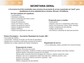 SECRETARIA GERAL Serviços contínuos de expediente: correspondências . informações cadastrais  ofícios/comunicados para outros eventos. serviços por portador  entrega dos documentos arquivo dos Núcleos e Grupos registros da agenda do Consórcio registros da agenda dos Núcleos ligações telefônicas  solução mais apropriada em cada caso Núcleos Estratégicos – Secretários Municipais do Grande ABC: convocação das reuniões. comunicados / lembretes da reunião com três dias de antecedência. ligações para as secretárias confirmando a presença de Secretários planilhas com os dados cadastrais dos Núcleos Estratégicos. Preparação para a reunião:   montar pastas. preparar a sala com os equipamentos audiovisuais pastas, lista de presença, canetas, folhas, anotações manter a temperatura da sala ambiente. redigir a ata da reunião  providenciar a reprodução de cópias para presentes Preparação de eventos: Preparar ofícios para convocação. Preparar comunicados / lembretes avisando as pessoas participantes previamente sobre datas e horários. Realizar ligações confirmando a presença dos convidados. Montar pastas: incluindo material de divulgação do Consórcio e Agência, material do evento. Preparar a sala com os equipamentos audiovisuais (data show, notebook, pen-drive, som). Preparar a sala com os materiais necessários: apontador – laser Registro de autoridade Manter a temperatura da sala ambiente. Organização do acervo: .  Livros, publicações, mídias e periódicos do Consórcio/Câmara A Secretaria Geral foi constituída como estrutura de prestação de serviço organizada em “pool”, para atendimento às áreas administrativas, técnicas, Direção e Presidência. 