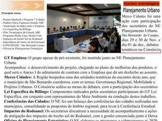 Merco Cidades  foi uma ação com participação dos secretários do NE Planejamento Urbano. São Bernardo  do Campo, dias 29 e 30 de Nov. e dia 01 de dez., debates temáticos no Consórcio Principais temas : - Projeto Qualiurb e Pesquisa 7 Cidades - Padrões Sócio Espaciais Grande ABC - Atualização de dados junto à Emplasa - Lei Específica da Billings - Pólo Tecnológico do Grande ABC - Programa Minha Casa, Minha Vida - Impactos do trecho Sul do Rodoanel - Importância do tramo sul do Ferroanel - CONCIDADE - São Bernardo Campo Oficina de Planejamento Estratégico GT Emplasa:  O grupo apesar de pré-existente, foi mantido junto ao NE Planejamento Urbano Acompanhou  o desenvolvimento do projeto, chegando ao plano de melhorias dos produtos, o qual será o Anexo I do aditamento de contrato com a Emplasa que dá um desfecho ao assunto. Merco Cidades:  A Região hospedou uma das unidades temáticas do encontro deste ano, que o município de São Bernardo coordenou, com os temas: Governança Regional, Mobilidade e Projetos Urbanos. O Consórcio sediou as mesas de debates, com a participação dos secretários Lei Específica da Billings:  Componentes indicados pelos secretários participaram do GT Lei Específica, em conjunto com representantes do Meio Ambiente na condução destes trabalhos. Conferências das Cidades:  O NE fez um balanço das conferências das cidades realizadas nos municípios, consolidando as propostas de âmbito regional, para levar à Conferência Estadual. Impactos do Rodoanel:  Os secretários discutiram a necessidade de acompanhamento e ações de mitigação dos impactos do trecho sul do Rodoanel, com a gestão consorciada junto à Dersa Oficina de Planejamento Estratégico:  O NE elaborou os programas e subprogramas p/ 2020 