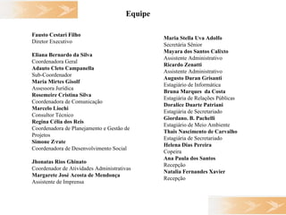 Equipe Fausto Cestari Filho Diretor Executivo Eliana Bernardo da Silva Coordenadora Geral Adauto Cleto Campanella Sub-Coordenador Maria Mirtes Gisolf Assessora Jurídica Rosemeire Cristina Silva Coordenadora de Comunicação Marcelo Liochi Consultor Técnico Regina Célia dos Reis Coordenadora de Planejamento e Gestão de Projetos Simone Zárate Coordenadora de Desenvolvimento Social Jhonatas Rios Ghinato Coordenador de Atividades Administrativas Margarete José Acosta de Mendonça Assistente de Imprensa Maria Stella Uva Adolfo Secretária Sênior Mayara dos Santos Calixto Assistente Administrativo Ricardo Zenatti Assistente Administrativo Augusto Duran Grisanti Estagiário de Informática Bruna Marques  da Costa Estagiária de Relações Públicas Doralice Duarte Patriani Estagiária de Secretariado Giordano. B. Pachelli Estagiário de Meio Ambiente Thais Nascimento de Carvalho Estagiária de Secretariado Helena Dias Pereira Copeira Ana Paula dos Santos Recepção Natalia Fernandes Xavier Recepção   